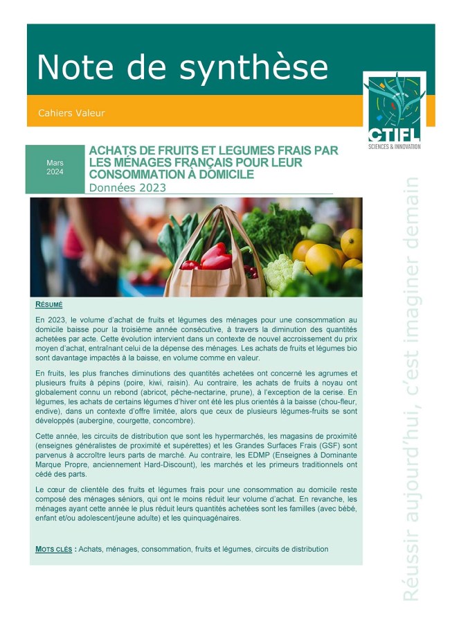Achats de fruits et légumes frais par les ménages français pour leur consommation à domicile - Données 2023