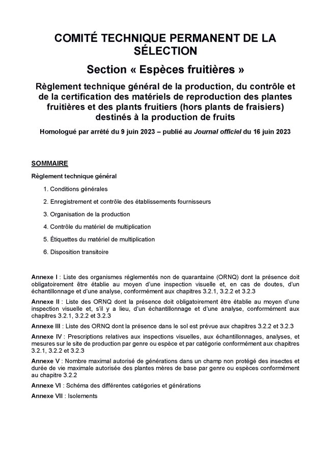 Règlement technique des plants certifiés (hors fraisier) 