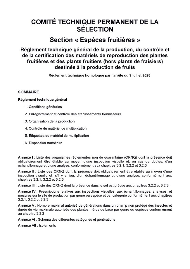 Règlement technique des plants certifiés (hors fraisier) 