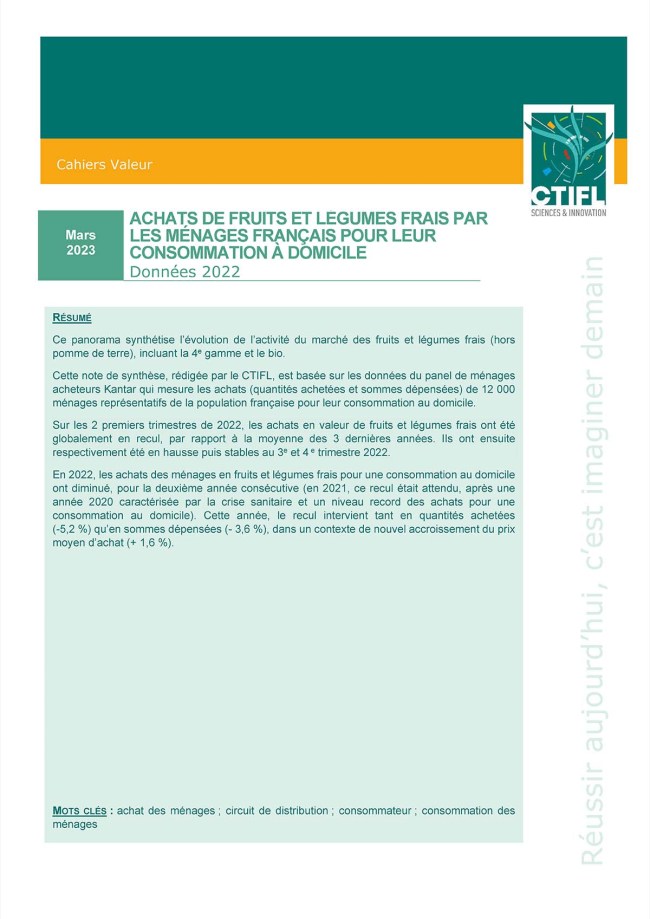 Achats de fruits et légumes frais par les ménages français pour leur consommation à domicile - Données 2022 Achats de fruits et légumes frais par les ménages français pour leur consommation à domicile - Données 2022