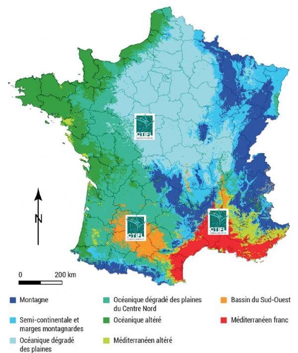 Figure 1 : Situation géoclimatique des vergers CTIFL  adaptée de Arseneault, M.H. and Cline, J.A. [3]