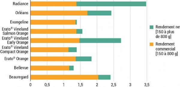 Figure 2 : Rendements moyens en kg/m² pour les variétés en intégrant ou non les calibres supérieurs à 800 g en 2022 Figure 2 : Rendements moyens en kg/m² pour les variétés en intégrant ou non les calibres supérieurs à 800 g en 2022