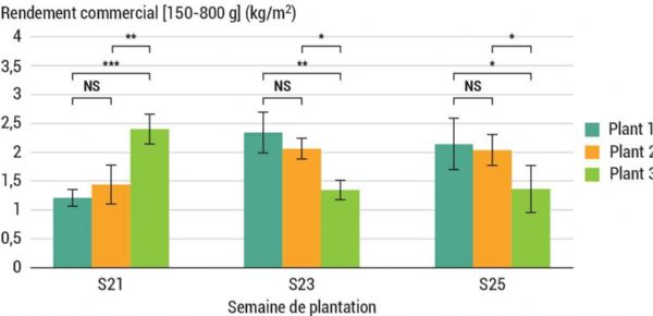 Figure 5 : Rendement commercial en fonction de la date de plantation et du type de plant Figure 5 : Rendement commercial en fonction de la date de plantation et du type de plant