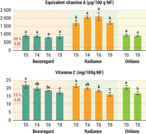 Figure A : Teneurs en équivalent vitamine A (A) et en vitamine C (B) dans les trois variétés de patate douce à réception (T0) et après 4, 6 et 8 mois de conservation (T4-T8). Valeurs moyennes et écart-type (n=3) Figure A : Teneurs en équivalent vitamine A (A) et en vitamine C (B) dans les trois variétés de patate douce à réception (T0) et après 4, 6 et 8 mois de conservation (T4-T8). Valeurs moyennes et écart-type (n=3)