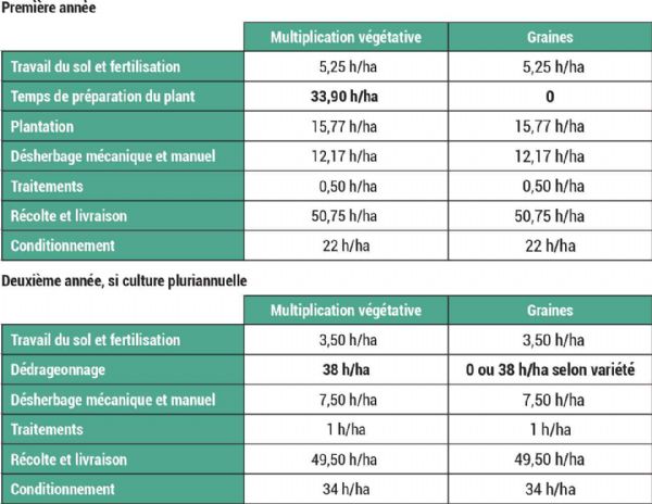 Figure 1 : Comparaison des temps de travaux entre la multiplication végétative et le semis (données bretonnes)