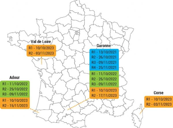 Figure 1 : Dispositif expérimental simplifié avec les dates de récoltes selon les localisations et les années