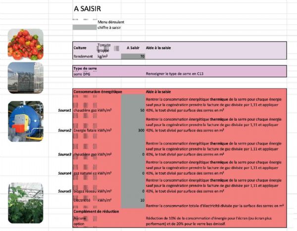 Figure 13 : Exemples d'onglet de saisie dans la feuille de calcul de l'impact environnemental de la tomate et du concombre