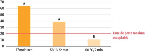 Figure 4 : Pourcentage de potimarrons avec des pourritures après 5 mois de stockage, essai trempage à l'échelle semi-industrielle (machine XEDA)