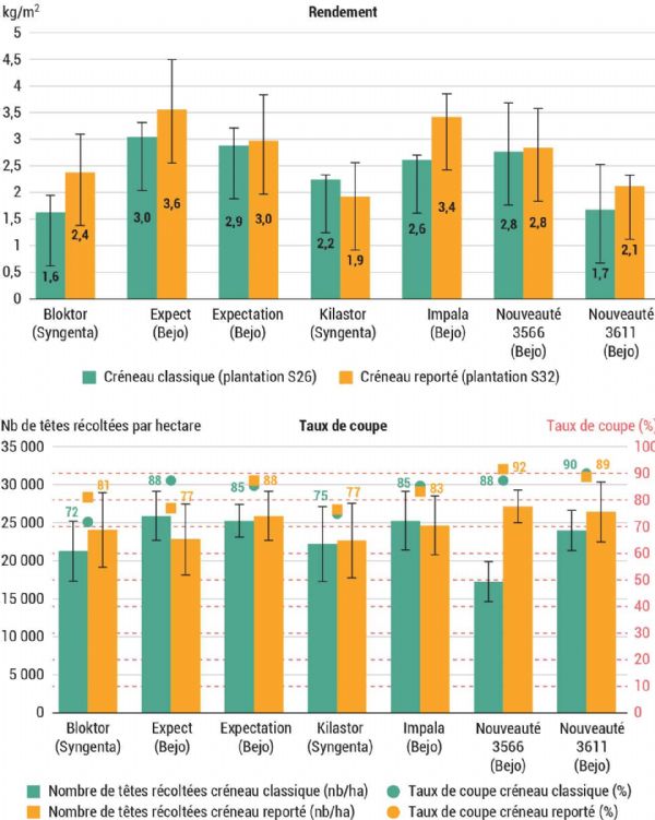Figure 5 : Rendements moyens observés et taux de coupe correspondants pour la culture de chou cabus Figure 5 : Rendements moyens observés et taux de coupe correspondants pour la culture de chou cabus