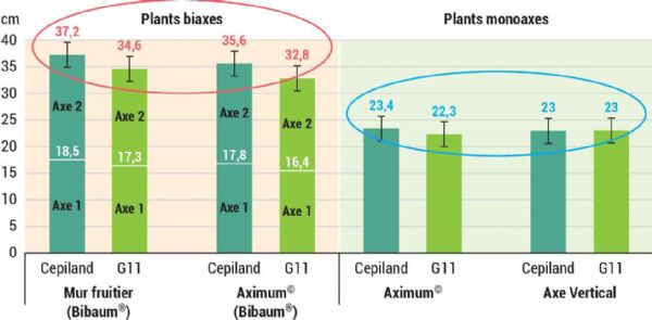 Figure 1 | Buckeye® GALA Simmonscov Comparaison des circonférences des plants après 11 années entre conduites, conception de verger, types de plant et porte-greffe, CTIFL Lanxade.